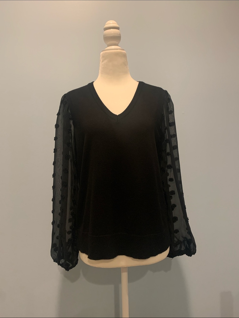 Adrianna Papell Womens Black VNeck Sweater EUC Small Sheer Long Sleeves Dot